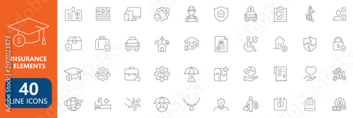 Comprehensive Insurance Line Icon Set with Protection Finance Health and Security Symbols
