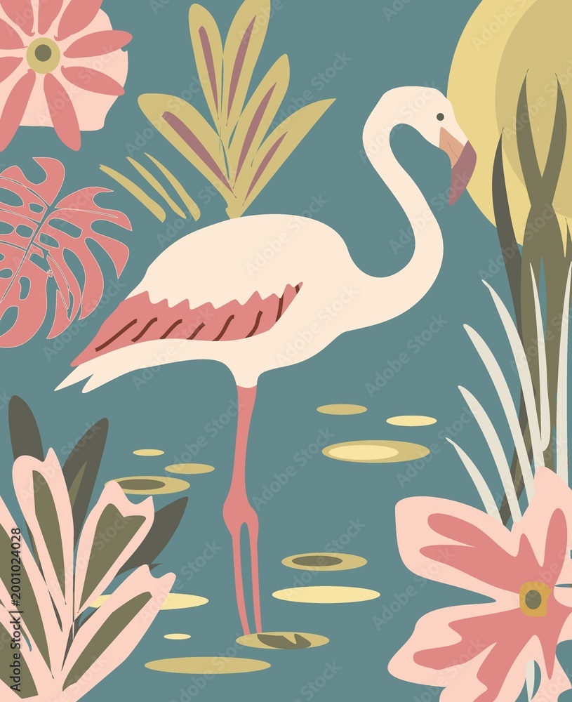 Naklejka premium Flamingo in Pond with Tropical Foliage