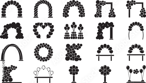 Event Decoration Balloon Arch and Column Silhouettes for Wedding Birthday and Grand Opening Celebration Vector Icons