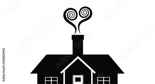 Cozy home with heart shaped smoke coming out of chimney, symbolizing love and warmth in a simple, modern house silhouette