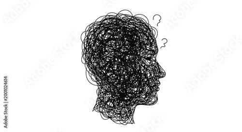 Abstract illustration of a human head profile made of tangled scribbles representing mental health, confusion, stress, and anxiety