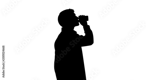 Silhouette of a Man Drinking from a Beverage Can Isolated on White Background