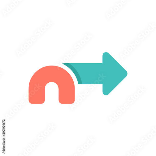 Bright red and teal arrow symbol pointing rightward with a circular return icon in minimalist flat design style