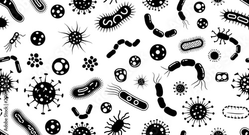 Seamless Pattern of Various Bacteria, Viruses, and Microorganisms Isolated on White Background. Microbiological Vector Icons for Health and Science Concepts.