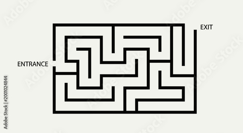 Simple black and white vector maze with entrance and exit, conceptual illustration for problem solving, strategy, and finding a solution.