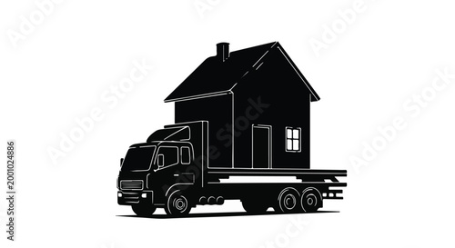 Black silhouette of house on flatbed truck for moving or relocation concept