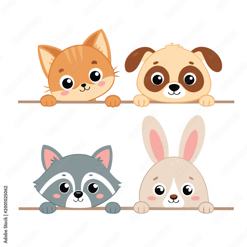 Fototapeta premium Cute peeking animals set with cat, dog, raccoon and rabbit, flat vector illustration of funny pets hiding behind a border for kids