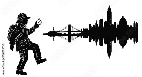 Detective tourist man exploring London city skyline with magnifying glass in hand walking near river Thames silhouette illustration