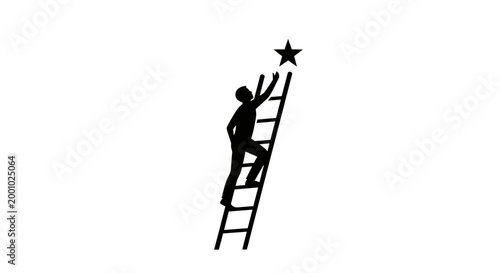 Silhouette of a businessman climbing a ladder and reaching for a star, symbolizing success, ambition, and career achievement