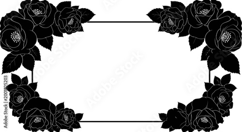 Elegant black rose floral frame border template with decorative silhouette flower corners on white background