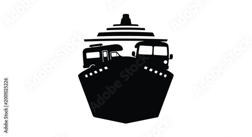 Front view silhouette of a cruise ship carrying a camper van and a bus, multimodal transport and holiday concept