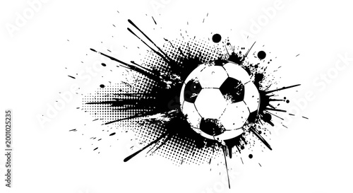 Soccer ball with grunge paint splash and halftone background, black and white sports vector illustration