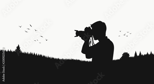 Silhouette of a male photographer taking photos in nature with a DSLR camera in a forest landscape with birds