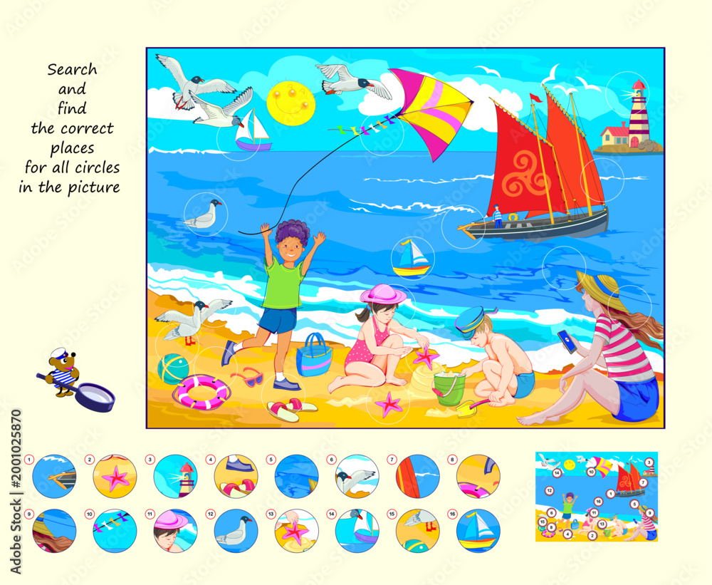 Naklejka premium Game find and search. Can you find the correct places for all circles? Logic puzzle. Kids brain teaser book. Hand drawn vector illustration. Develop spatial thinking. IQ test