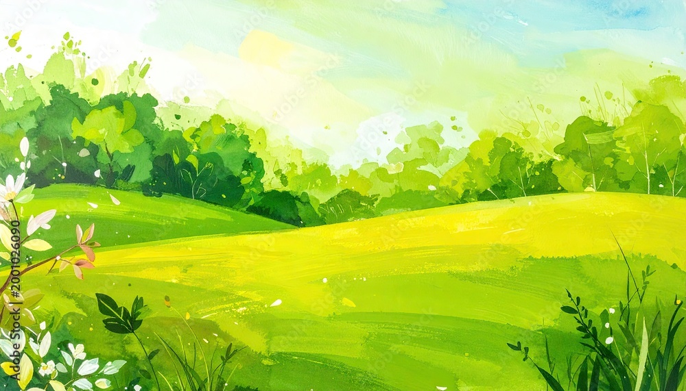 Fototapeta premium Vibrant green meadow landscape with trees and bright sunlight background scene