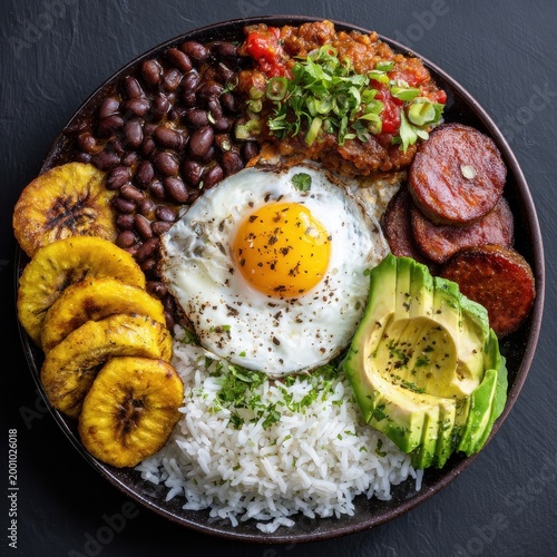 Traditional Colombian Bandeja Paisa Dish with Beans, Rice, Chicharrón, Chorizo, Egg, and Plantain, Overhead View
