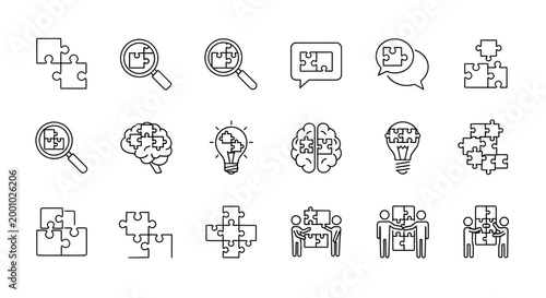 Puzzle pieces and brain concepts a collection of line icons representing problem solving