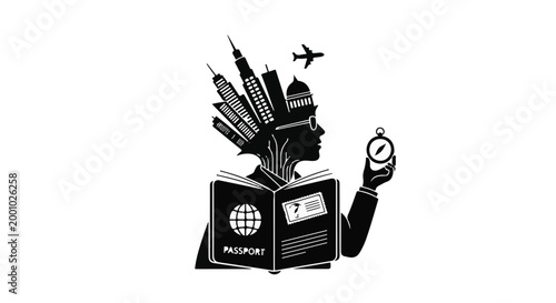 Traveler tourist passport globe landmarks airplane illustration for adventure travel concept