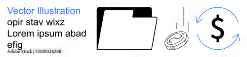 Data storage, finance, transaction process, monetary exchange, document management, digital economy. Folder, falling coin and dollar symbol in a circular arrow. Data storage and financial