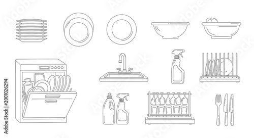 Kitchenware and cleaning supplies line art plates dishes sink dishwasher and utensils