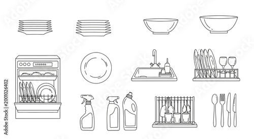 Line art illustration of kitchenware including dishes sink and dishwasher in a minimalist style