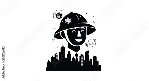 Black and white cityscape illustration with smiling face wearing hat and star, urban landscape with skyscrapers, modern graphic design element