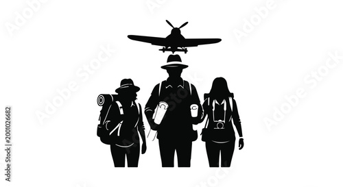 Black silhouette of three travelers with airplane overhead, adventurous tourists with backpacks and hat walking together in unison, travel concept