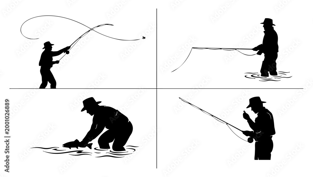 Fototapeta premium Professional Fisherman Silhouette Sequence Displaying River Fly Fishing Casting and Reeling Action