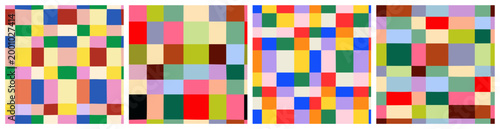 Colorful geometric mosaic seamless pattern set. Abstract square patchwork background illustration collection. Creative irregular grid shape wallpaper print.