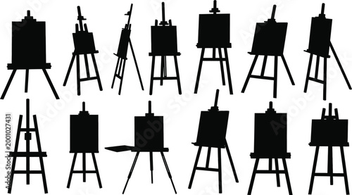 painting easel silhouettes on white background high quality
