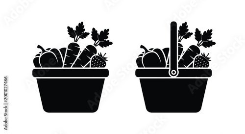 Baskets filled with fresh farm produce like carrots and peppers sit side by side as icons for healthy shopping and organic food markets.