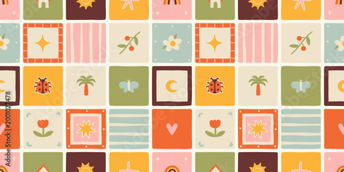 Fun colorful geometric shape seamless pattern. Abstract summer art background design with tropical shapes. Simple patchwork wallpaper texture.