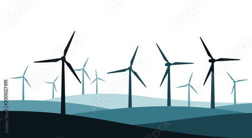 Wind turbines landscape stylized vector illustration on blue background