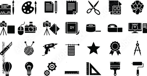 set of creative tools icons in black and white