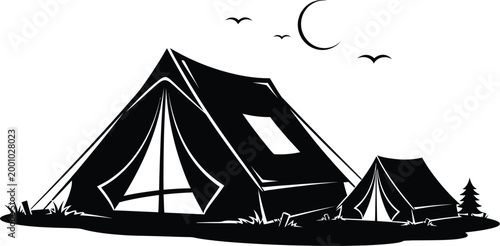 tent silhouette with moon and birds high quality