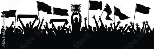 Black silhouette of a cheering crowd with fans holding flags and winner raising a championship trophy isolated on white