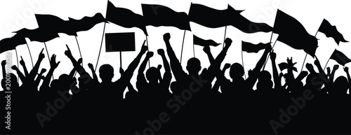 Black silhouette of a cheering crowd and protesters holding flags and banners during a public rally or celebration event