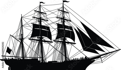 Black silhouette of a classic three masted tall ship sailing vessel with detailed rigging and sails on white background