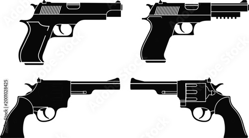 Black silhouettes of various handguns including semi automatic pistols and classic revolvers isolated on white background for security concepts