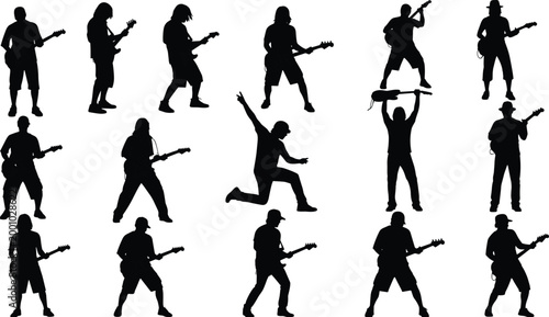 Large collection of black guitar player silhouettes featuring musicians playing electric guitars in various rock and metal poses