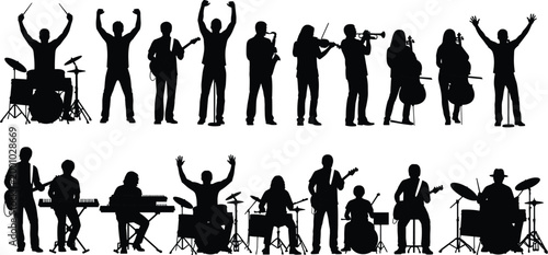 Large collection of black musician silhouettes playing various instruments including drums guitar keyboard saxophone violin and cello isolated on white