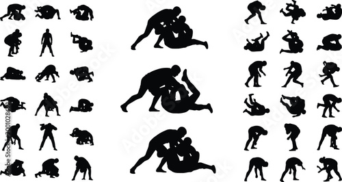 Large collection of black martial arts silhouettes featuring athletes practicing grappling jiu jitsu wrestling and ground fighting maneuvers