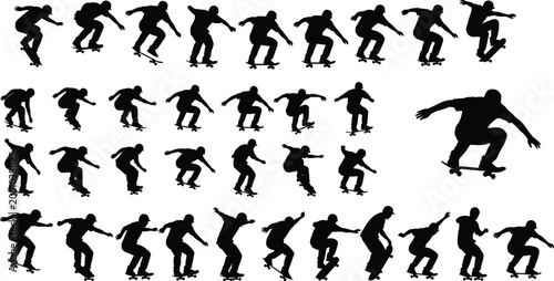 Large collection of black skateboarder silhouettes performing various jumps and extreme tricks isolated on a white background