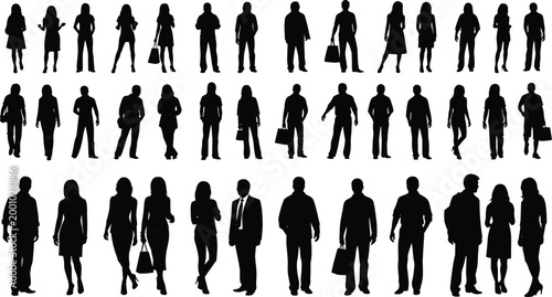 Large collection of diverse black silhouettes featuring men and women in casual and professional poses isolated on white background