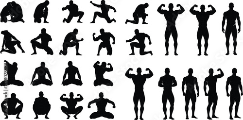 Large collection of muscular bodybuilder silhouettes featuring male athletes in various posing and kneeling positions isolated on white background
