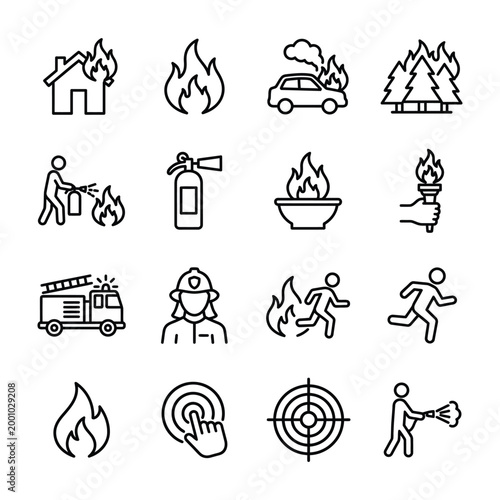 Vector line icons set for fire safety emergency response firefighting concepts with emergency firefighting extinguisher firefighter protection prevention property insurance incident disaster
