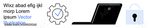 Cybersecurity, data protection, online privacy, secure systems, encryption technologies, password safety. Gear with a checkmark, laptop lock icon. Cybersecurity and data protection concept