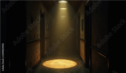 Bild auf Leinwand An evocative scene of a dimly lit corridor, bathed in the eerie glow of overhead lights