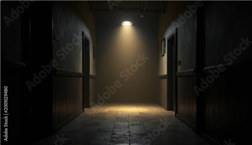 Fotografija A dimly lit corridor, illuminated by a single overhead light, casts a dramatic beam, with a sense of mystery and suspense