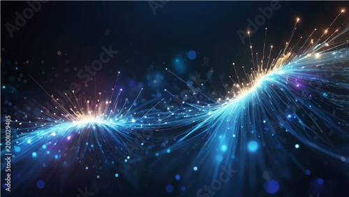 An abstract digital artwork depicts a vibrant display of illuminated lines and luminous particles, symbolizing data flow and technological advancement.